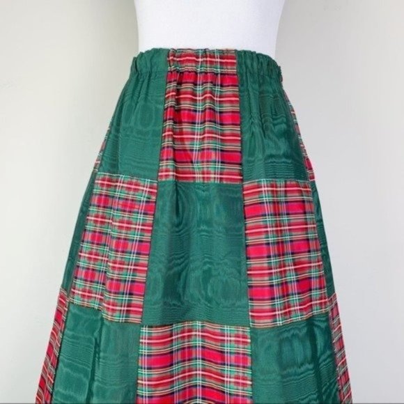Vintage 70s Green & Red Plaid Satin Patchwork Maxi A-Line Skirt by Mr. Hank - Picture 3 of 8